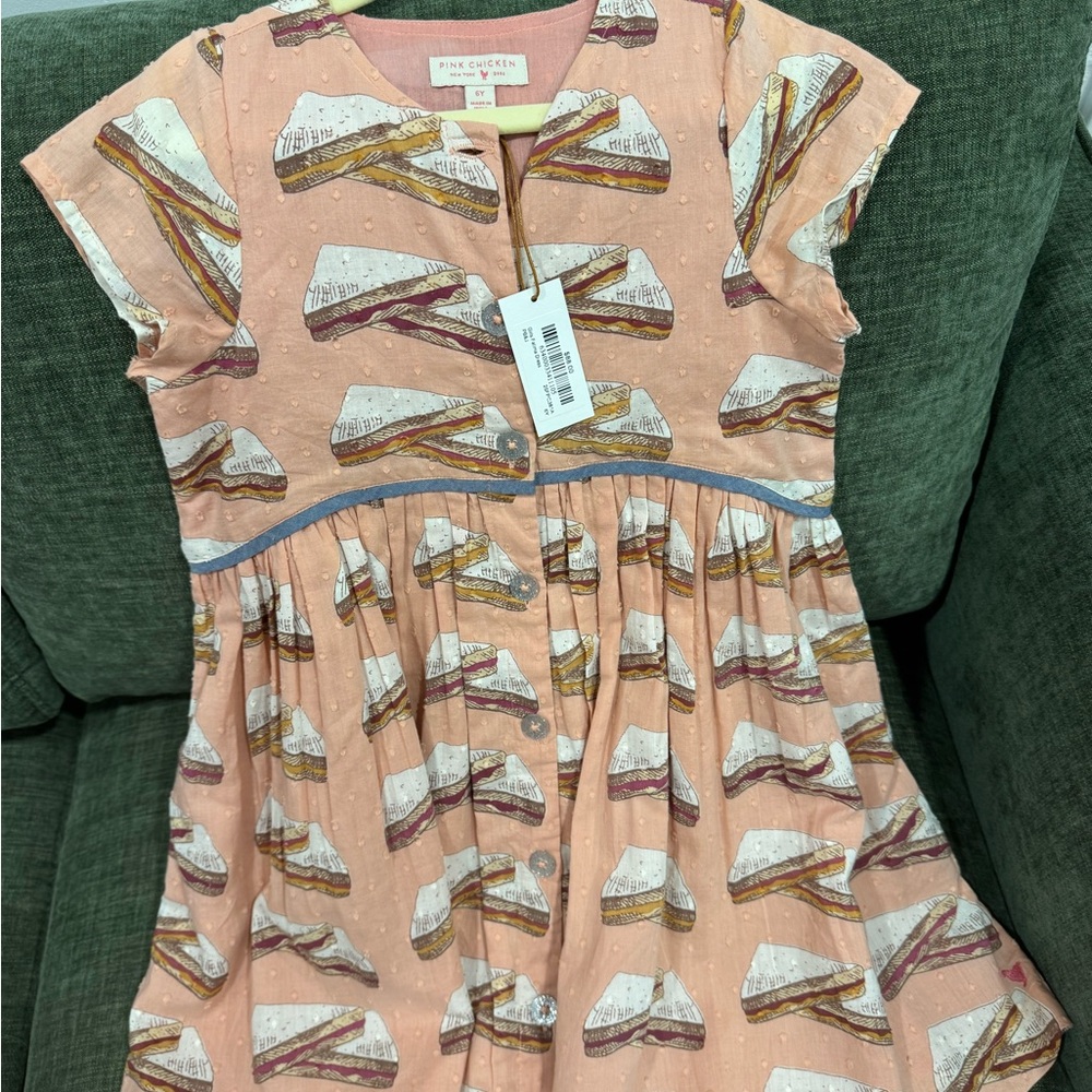 Pink Chicken Peach Sandwich-Print Cotton Dress with Blue Trim